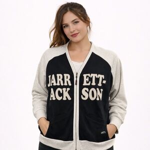 Barrett Jackson Zip Up Hoodie Size XL‎ Black Gray Chenille Letter Jacket Style
